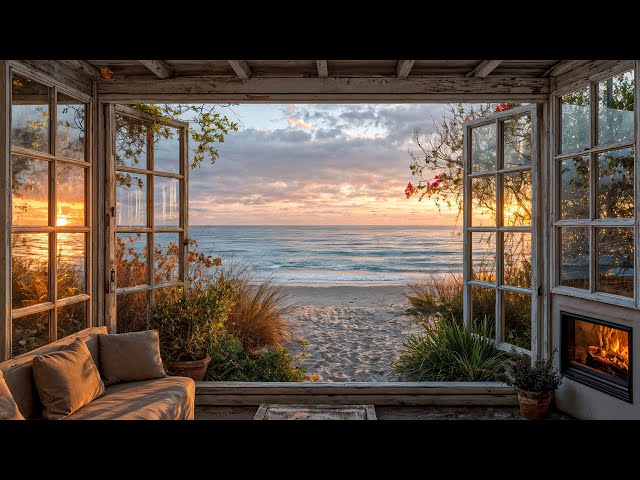 Sunset Ocean Window Cabin 🌅🔥 | Fireplace & Sea Waves for Deep Sleep & Relaxation