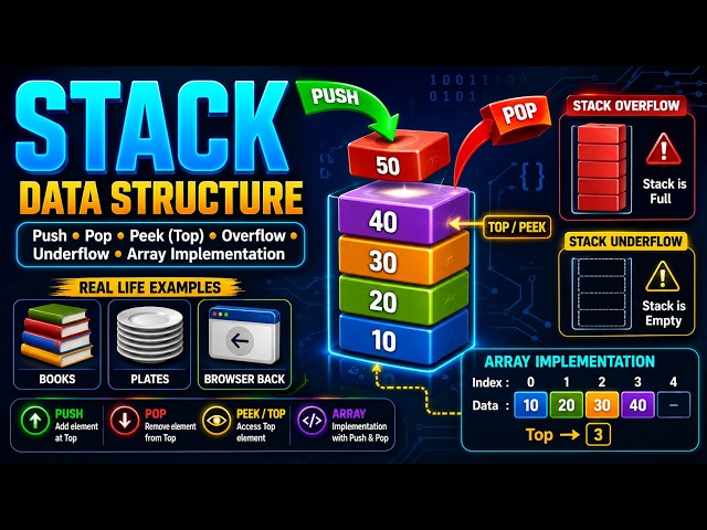 Stack in Data Structures | Push, Pop, Overflow, Underflow & Array Implementation