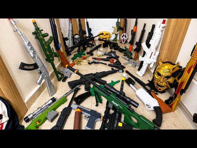 Huge Toy Guns Collection – AK-47, M4, Sniper Rifle, Pistols, Golden Guns & Horror Masks