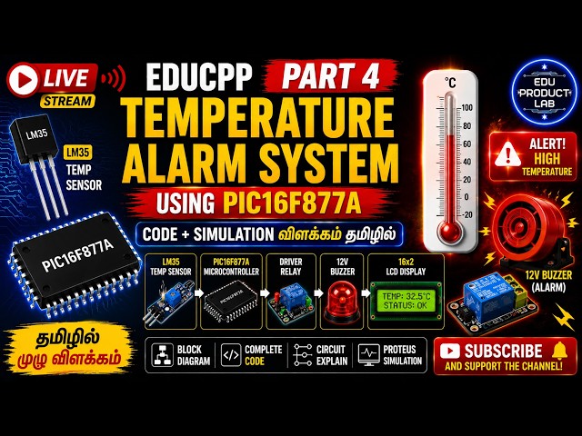 EDUMPP Part 4: PIC16F877A Temperature Alarm System Using LM35 | Complete Code & Simulation in Tamil
