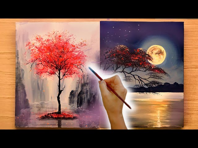 How to Paint 2 Landscapes with RED TREES/ Acrylic Painting/ TIMELAPSE 