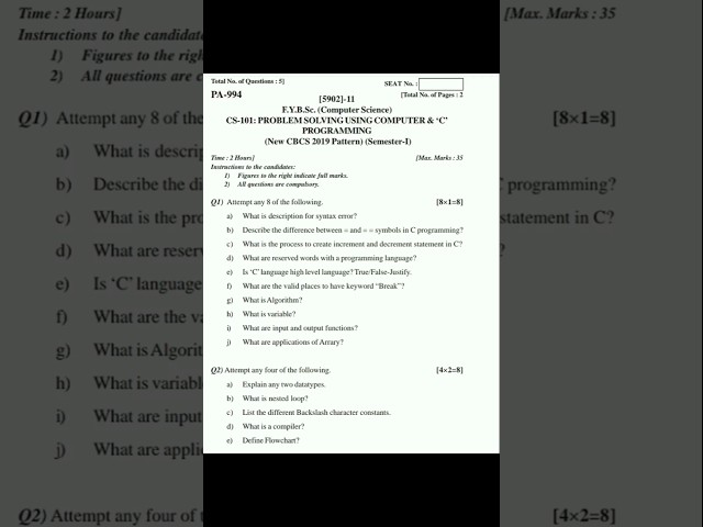 FY. BCS||Problem solving using computer & C programming||PYQ||sppu#computer science