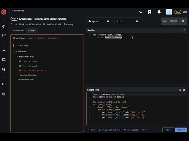codewars python Grasshopper   Terminal game combat function