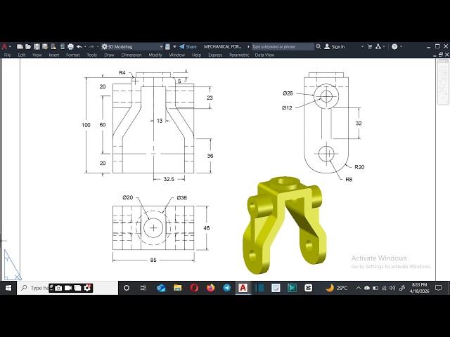 AutoCAD Tutorial: Modeling a Mechanical Fork Bracket From 2D to 3D. #AutoCAD #3DModeling