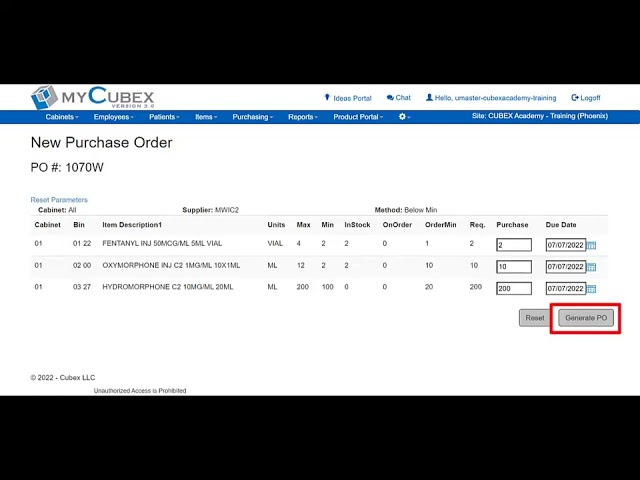 Manually generate a purchase order in Cubex