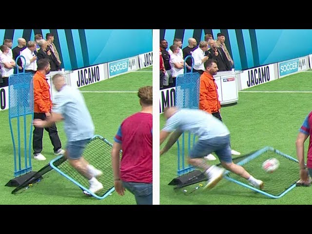 Aston Villa fan STACKS it over net in Volley Challenge! (Hilarious)