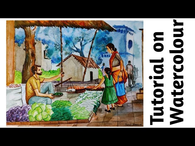 #watercolourdrawing #finearts Tutorial of watercolor drawing || Market scene || composition work ||