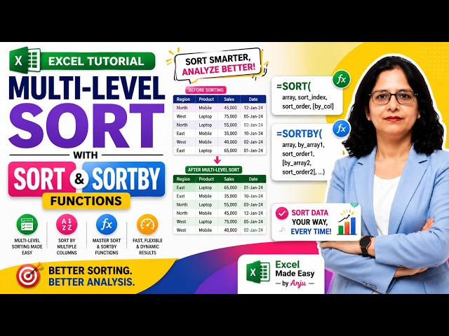 Multi-Level Sort, SORT & SORTBY Functions in Excel | Complete Tutorial | Excel Made Easy by Anju