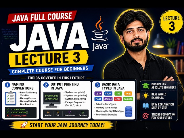 Java Full Course | Lecture 3 | Naming Conventions, Output Printing in Java, and Basic Data Types