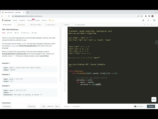 leetcode 269. Alien Dictionary - topo sorting (here Kahn's algorithm)
