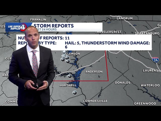Reports of storm damage from hail and downed trees in parts of the Upstate