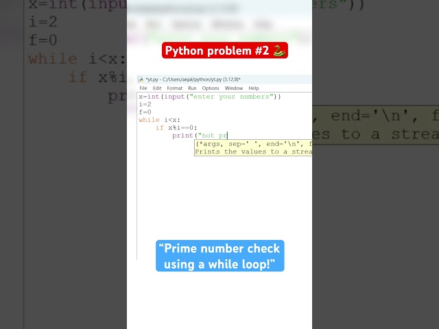 “Python Problem #2 🐍 | Prime number check using a while loop!  #coding #python #programming “