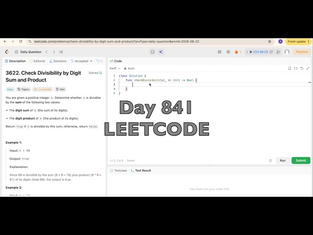 Day 841: LeetCode Problem 3622. Check Divisibility by Digit Sum and Product - Swift