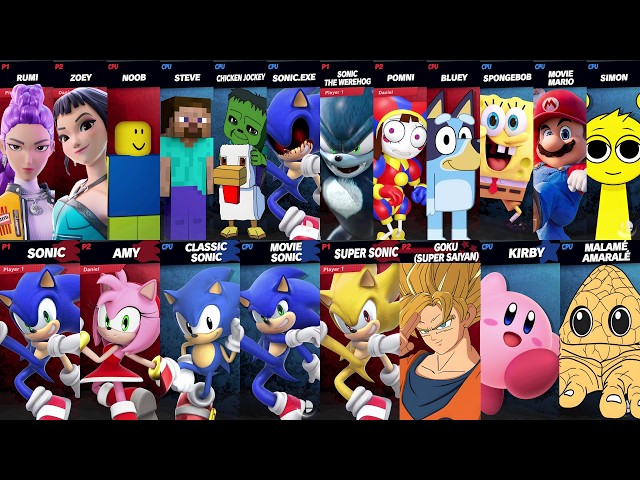 Sonic vs Mario vs Minecraft vs Roblox vs Fortnite vs Bluey vs SpongeBob vs Goku | Super Smash Bros