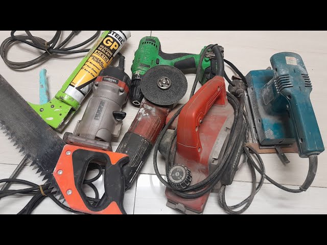 Engineering Tools Collection, Drill, Grinder, Hammer, Screwdriver, Pliers, Wrench, Cutting Pliers.