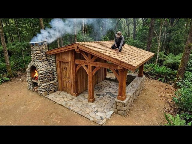 Man Spent 15 Days to Build a House of STONES and LOGS in the Forest. From start to finish.