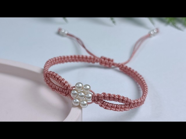 DIY Square Knot Macrame Bracelet with Flower Pearl in the Center