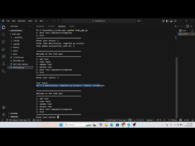GIAIC Hackathon 2 Phase 1 Todo In-Memory Python Console App