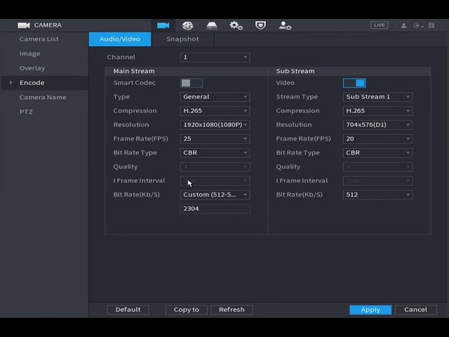 How to change camera encode parameter in NVR?