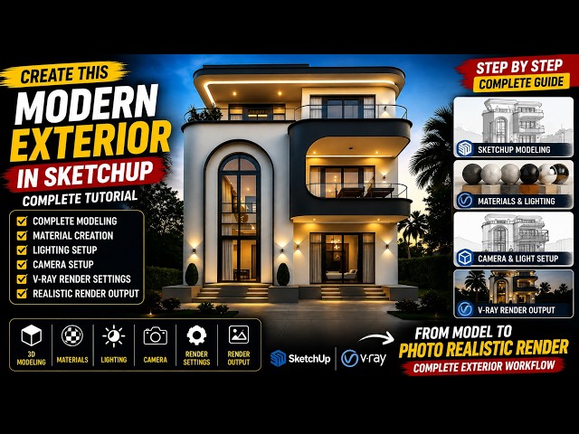 Modern Exterior Design in SketchUp + V-Ray | Complete Modeling, Materials, Lighting & Rendering