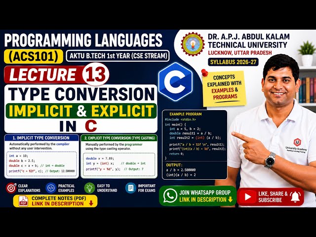 Implicit & Explicit Type Conversion in C | Lecture 13 | Programming Languages aktu