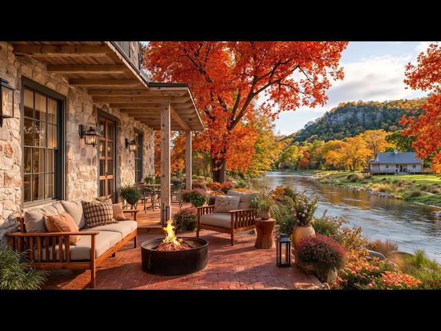 Would You Spend Autumn Mornings Here? 🍂 Riverside Cabin, Campfire & Birds Ambience