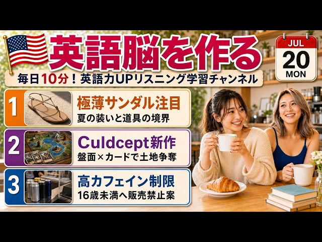 【英語ニュース】Vogue注目の極薄サンダル・Culdcept新作・イングランドで高カフェイン飲料制限へ｜英語聞き流し・英会話・シャドーイング・TOEIC・英語学習 | 2026-07-20