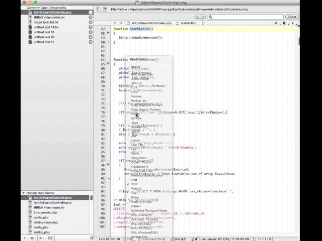 BBEdit navigation - classes, methods/functions, html