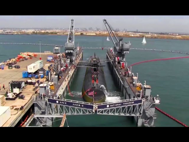Nuclear Submarine Dry Docks Inside Floating Dry Dock - Time-lapse Video