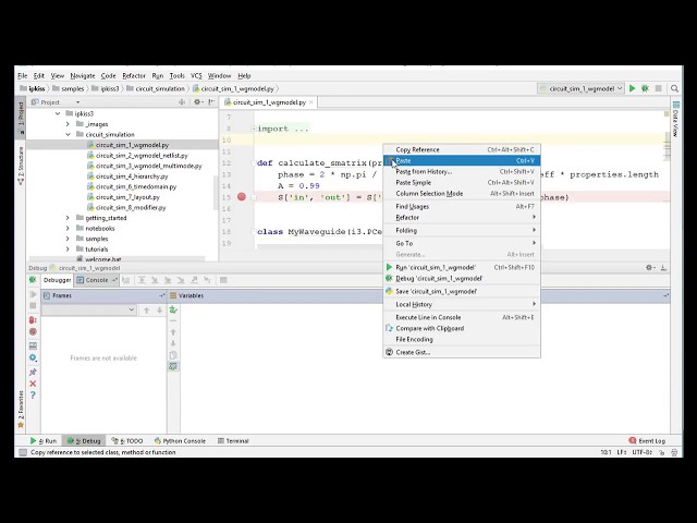 Debugging a circuit model in PyCharm