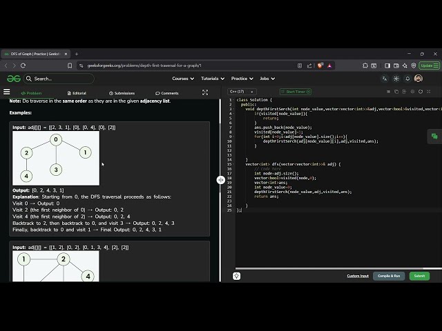 DFS of Graph | GFG Solution in C++ | Depth First Search Using Recursion