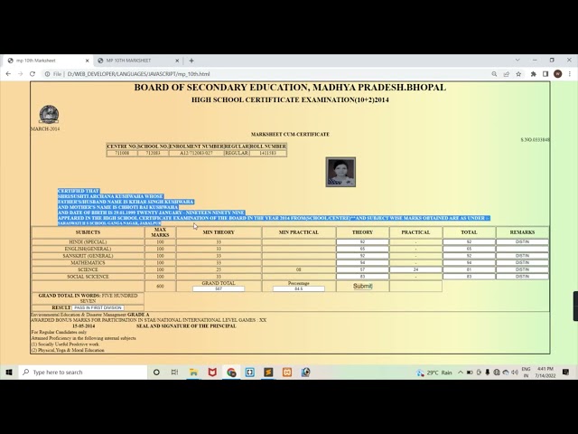 MP Board Marksheet Clone Using HTML CSS & JavaScript | Step-by-Step Tutorial | Responsive Project