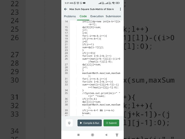 DSA Coding challenge: Max sum square sub-matrix of size k