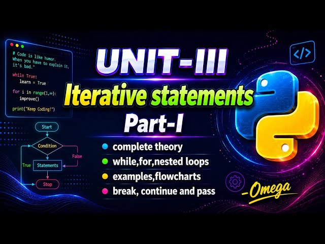 Python Unit-III (Loops) Part-1 | While Loop, For Loop, Nested Loops, Break, Continue & Pass |~Omega