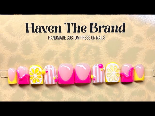 HOW TO:  Press On Nail Tutorial! 3d Lemon, 3d lines, stripes, summer nail design |HavenTheBrand✨