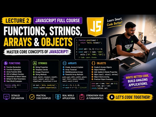 JavaScript Full Course | Lecture 2 | Functions, Arrays, Objects & String Methods (2026)
