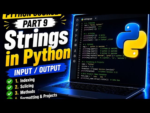 Python for Beginners #9: Strings in Python – Indexing, Slicing, Methods, Formatting & Projects