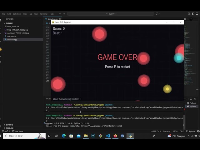 Python Pygame Neon Drift Game with Score & Best Score