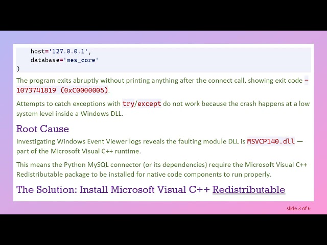 Fixing Python Crash 0xC0000005 on MySQL Connection in Windows 11 by Installing Visual C+ +  Redistr