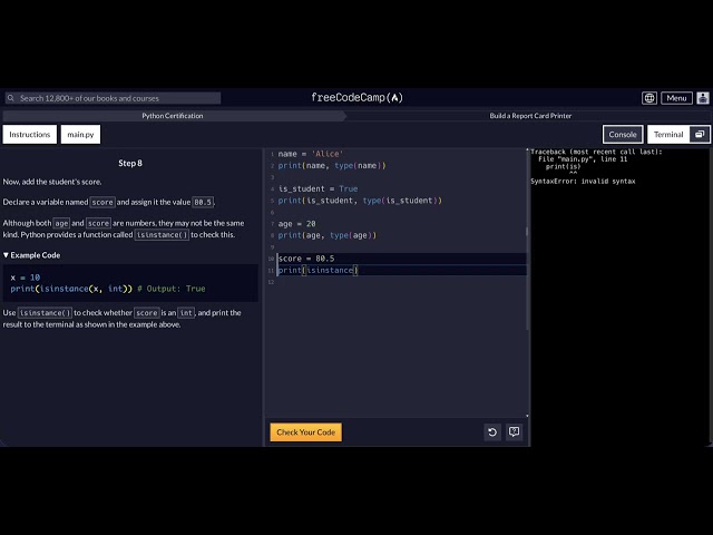 FreeCodeCamp - Python Project  - Step 8 of 10 - Build a Report Card Printer