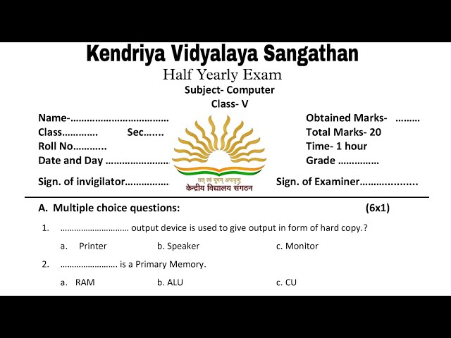 KVS Class 5 Computer Half Yearly Exam Sample Question Paper / For kendriya vidyalaya students
