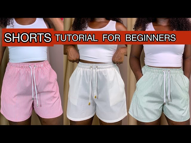 How to Cut and Sew Shorts with Elastic Waistband and Pockets for Beginners | Drawstring & Eyelet