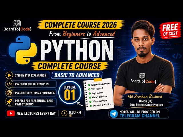Python Full Course for Beginners 2026 |  L-1 | Python Basics To Advanced Free | Hindi | BoardToCode