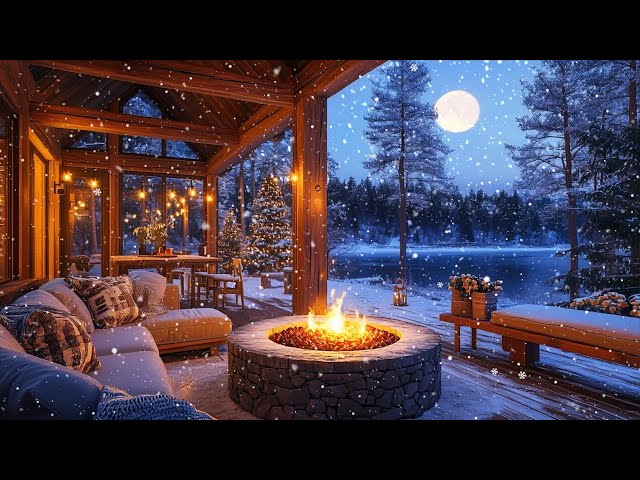 Peaceful Porch Winter Piano Lounge 🔥🎼 SnowFall & Warm Fireplace 10 Hours | Study Work & Relax
