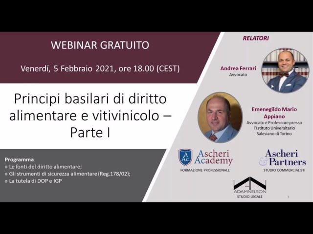 Webinar: Principi basilari di diritto alimentare e vitivinicolo - Parte I