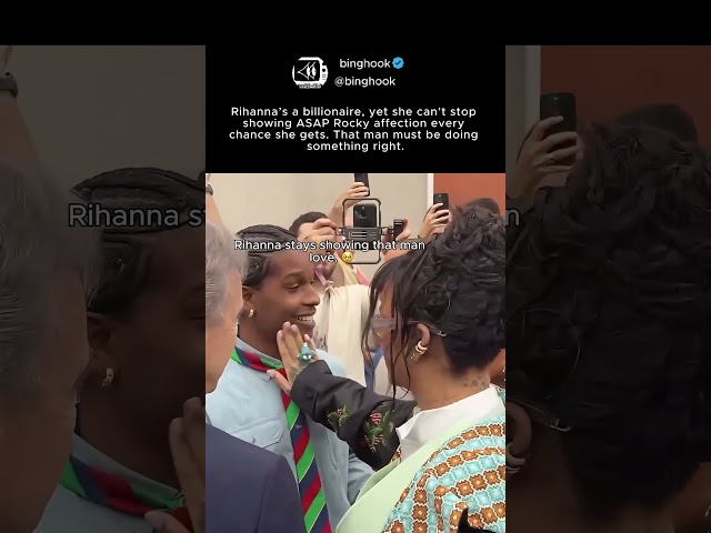rihanna sweetly cupping a$ap rocky's face during a crowded event #rihanna #asaprocky
