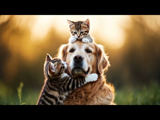 A patient golden retriever sitting calmly while two tiny kittens?