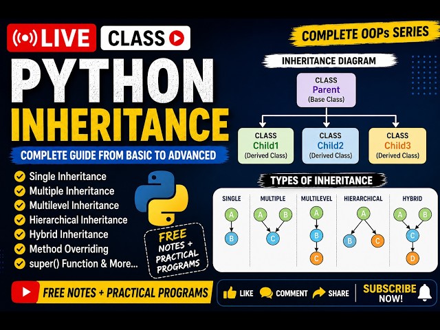 🔥 Python Inheritance LIVE | Complete Inheritance in Python from Basic to Advanced | Free Class + No