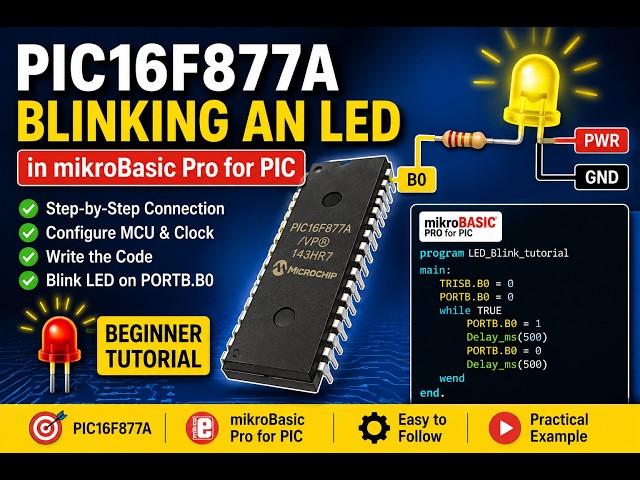 PIC16F877A LED Blinking Tutorial in mikroBasic Pro for PIC | Step-by-Step