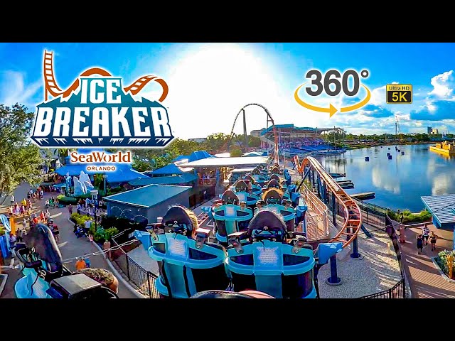VR 360 5K Ice Breaker Roller Coaster On Ride Back Seat POV SeaWorld Orlando 2022 07 12